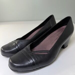 Clarks Everyday Black Leather Pumps Block Heel Round Toe Shoes Womens 9.5 M